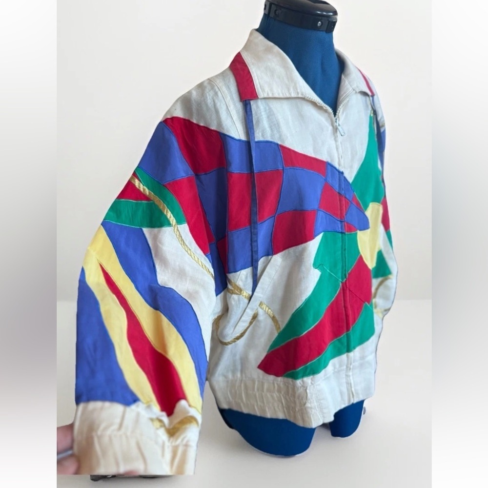 Vintage 90s Retro Jerri Sherman Color Block Flags Zip Up Linen Jacket * Flaws